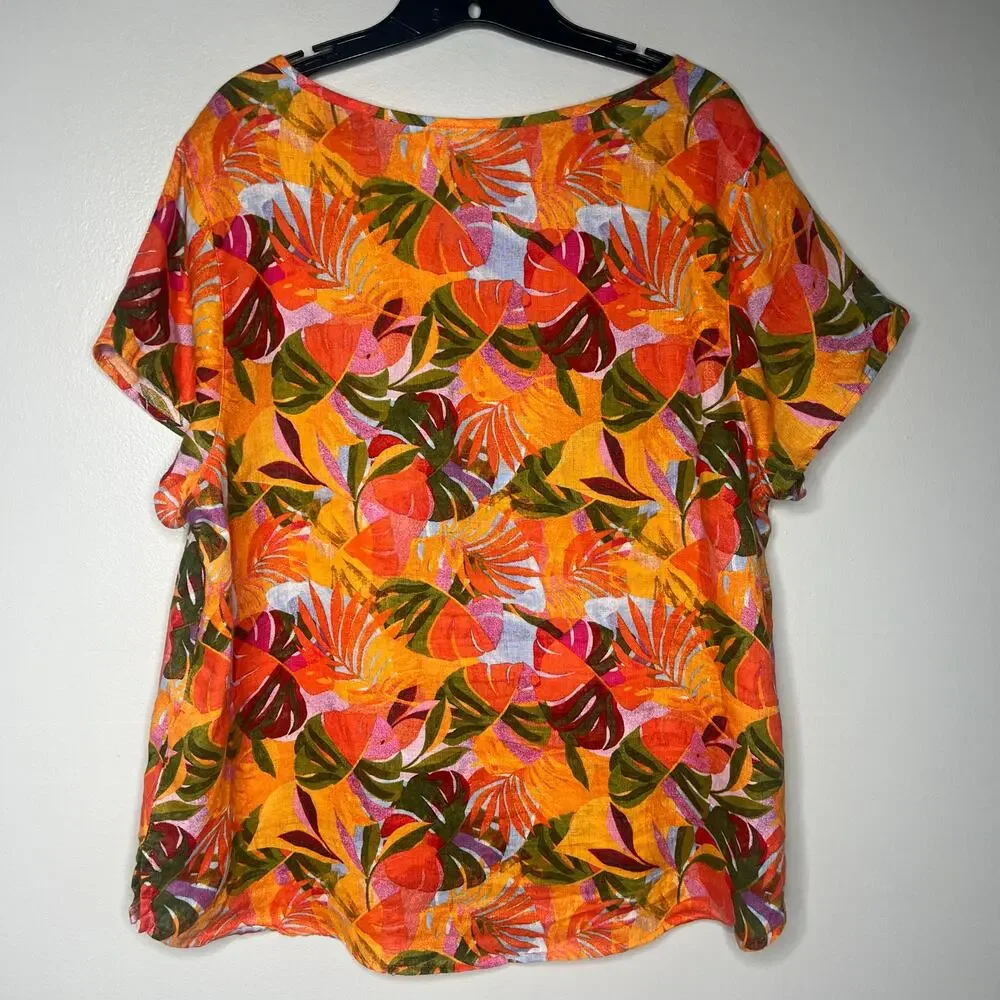 C&C California Leaf Print 100% Linen Tunic Size 1X Resort Beach Boho Relaxed - Picture 7 of 9